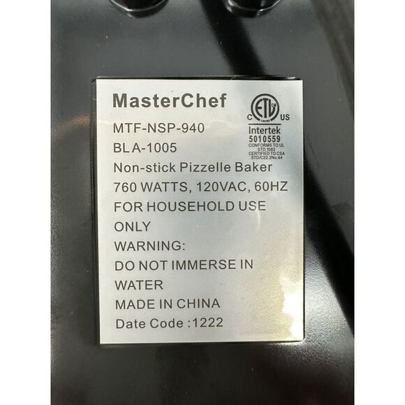 Master Chef Nonstick Pizzelle Baker Cookie Maker MTF-NSP-940 BLA-1005 Tested - Picture 4 of 4